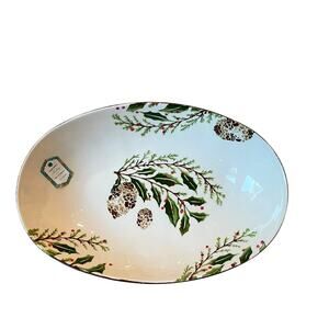 Papart Handpainted Turkish Serving Bowl 14x9 Ceramic Holiday Pinecone Holly NEW